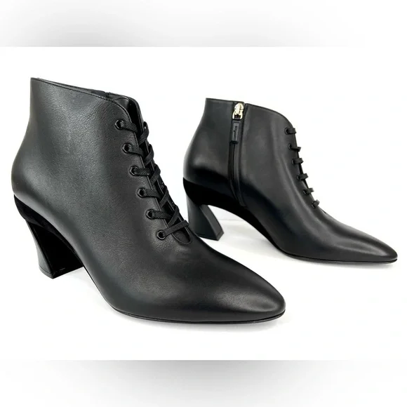 SALVATORE FERRAGAMO Antila Lace Up Black Leather Side Zip Ankle Boots Size 9.5